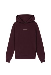 Bordeaux hoodie met een kangoeroezak, capuchon met trekkoord en een klein "TOMORROWLAND" logo in het wit op de borst. Gladde textuur.