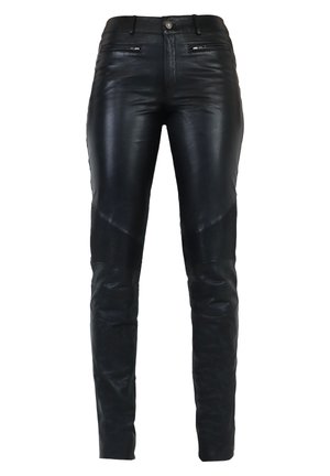 Pantalons en cuir noir avec une coupe ajustée, dotés de poches zippées, d'accents côtelés aux genoux et d'une texture lisse sur toute la surface.