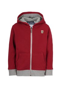 Red zip-up hoodie with a gray interior hood, featuring two front pockets, ribbed cuffs, and a small logo patch on the chest.