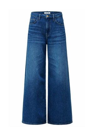 Pantalones vaqueros azules de pernera ancha con cintura alta, cierre frontal de botones y cremallera, y diseño de cinco bolsillos.