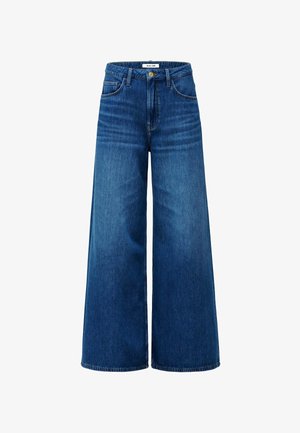 Blauwe denim jeans met wijde pijpen, hoge taille, knoopsluiting aan de voorkant, ritssluiting en ontwerp met vijf zakken.