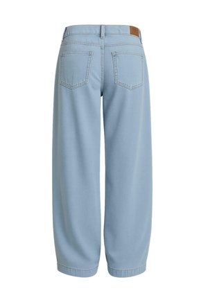 Light blue denim trousers with a relaxed fit, featuring two back pockets, a waistband with a brown leather patch, and tapered ankles.