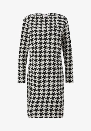 Zwart-wit houtsnedenpatroon jurk met lange mouwen en een rechte snit, gemaakt van gestructureerde stof, met een brede halslijn.