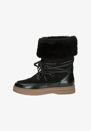 Schwarzer Winterstiefel mit Kunstfellbund, aus Leder und Wildleder, dicke Gummisohle und kontrastierende Schnürsenkel. Verfügt über ein rundes Zehendesign.