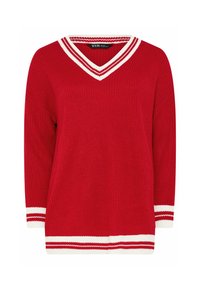 Czerwony sweter z dzianiny z białym i czerwonym paskowanym kołnierzem w kształcie V, mankietami i dolnym wykończeniem, z luźnym krojem i długimi rękawami.