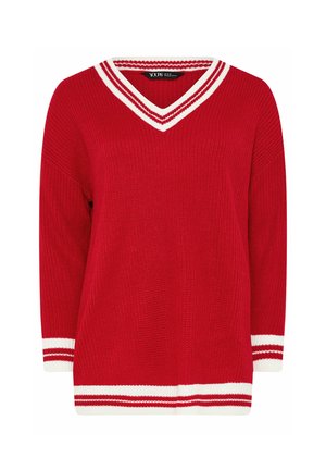 Rød strikket trøje med hvid- og rødstribede V-hals, manchetter og kant, med en løs, langærmet pasform.