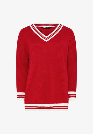 Roter gestrickter Pullover mit weißen und roten gestreiften V-Ausschnitt, Bündchen und Saum, mit einem lockeren, langen Schnitt.