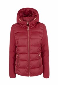 Giacca rossa imbottita con cappuccio, dotata di chiusura con zip, tasche laterali e polsini elastici. Materiale liscio e lucido con texture trapuntata.
