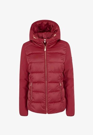 Giacca rossa imbottita con cappuccio, dotata di chiusura con zip, tasche laterali e polsini elastici. Materiale liscio e lucido con texture trapuntata.