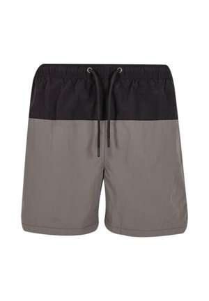 Pantaloni da bagno da uomo con cordino, caratterizzati da un design bicolore con una parte superiore nera e una parte inferiore grigio scuro, realizzati in tessuto leggero.