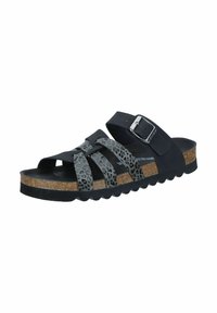 Schwarze Sandalen mit Leopardenmuster-Riemen, verstellbarem Schnallenverschluss, Kork-Mittelsohle und strukturiertem Gummi-Außensohle. Leichtes und offenes Design.