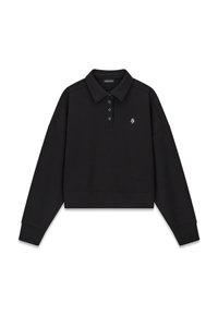 Zwarte cropped trui met een polokraag, drieknopenlijst, geribbelde manchetten en geborduurd logo op de borst. Soepele, casual stof.