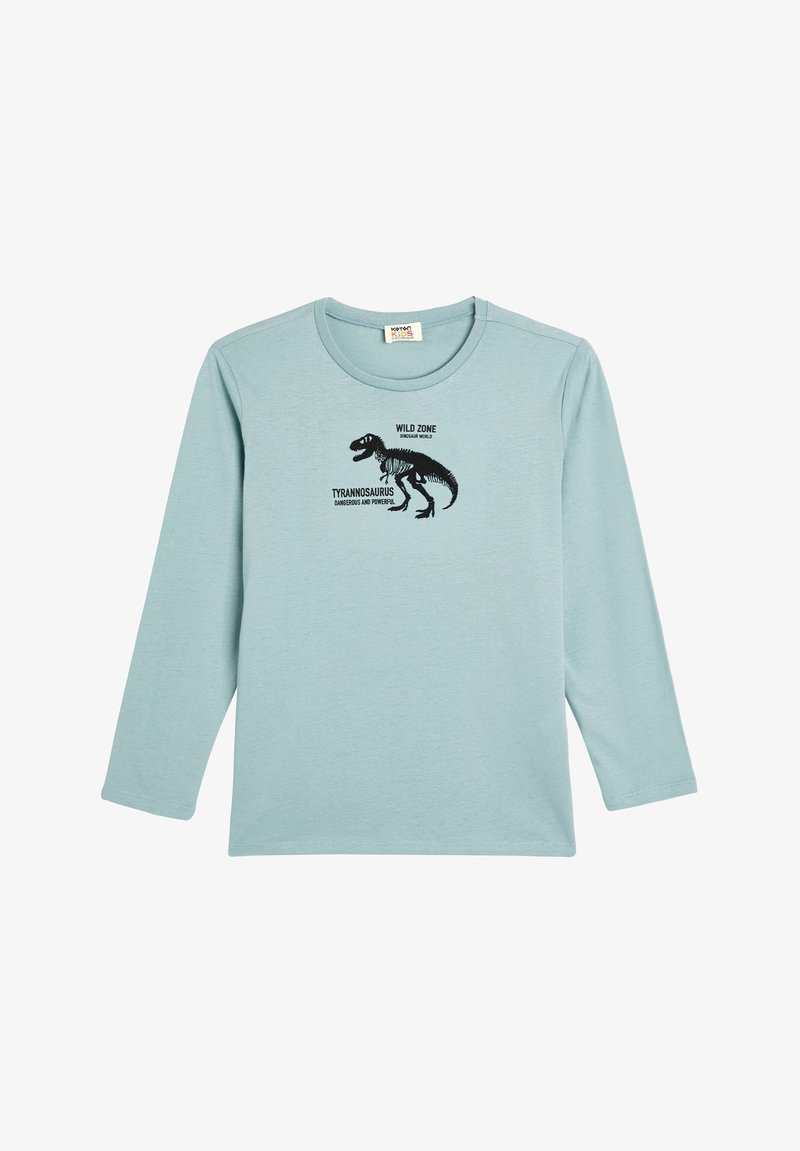 Hellblaues Langarm-T-Shirt aus weichem Stoff mit einem schwarzen Dinosaurier-Design und dem Text "WILD ZONE TYRANNOSAURUS GEFÄHRLICH UND MACHTVOLL."