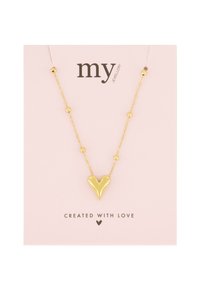 Collana con pendente a forma di cuore in oro su una catena delicata, con accenti sferici, presentata su una scheda rosa che mostra il nome del marchio e il testo.