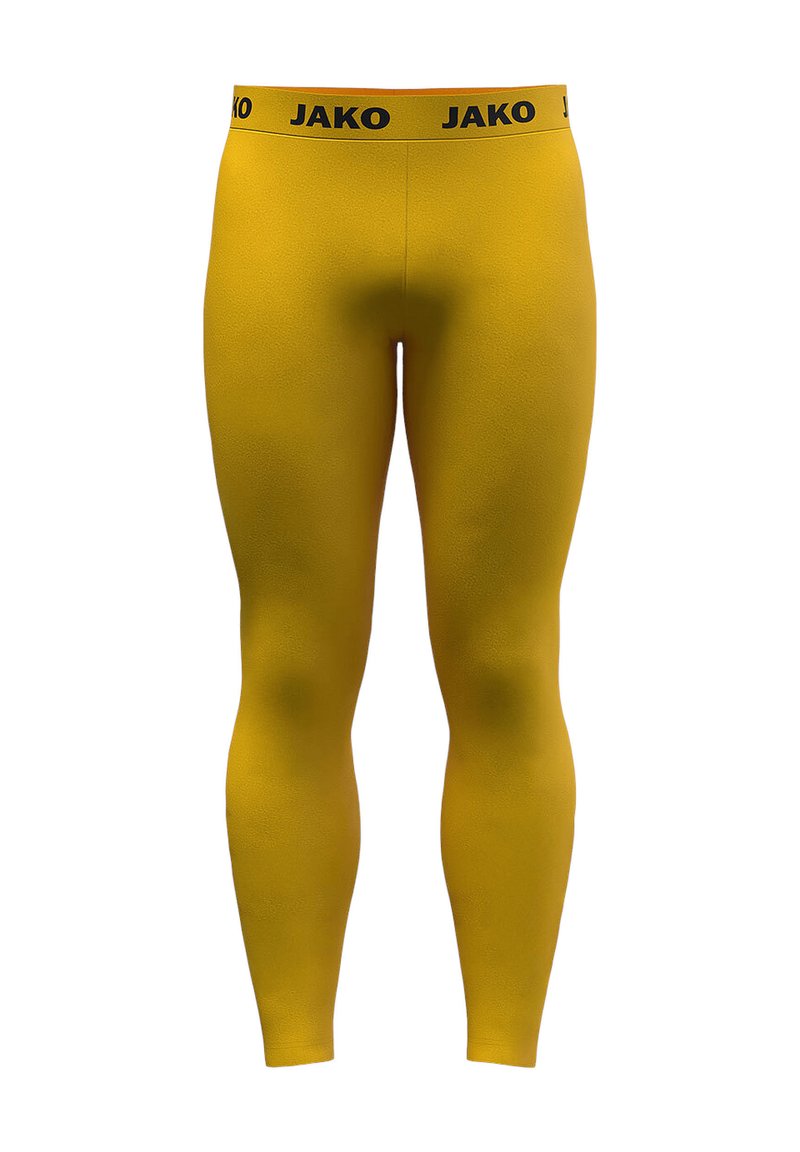 Leggings sportivi gialli realizzati in materiale elastico con una vita nera "JAKO", caratterizzati da una texture liscia e un design aderente.