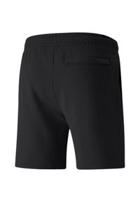 Pantaloni sportivi neri realizzati in tessuto morbido, dotati di una vita elastica e una tasca posteriore singola con apertura rettangolare.