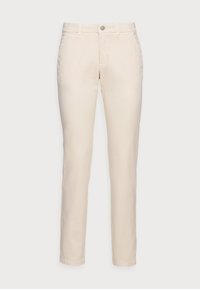 Calças de algodão bege com um design de perna reta, apresentando um fecho de botão, bolso frontal e textura suave e macia.