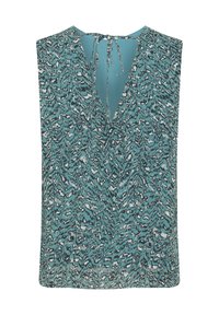 Un haut sans manches en teal avec un motif ondulé noir et blanc, décolleté en V et un détail à nouer à l'arrière. Tissu léger et lisse.