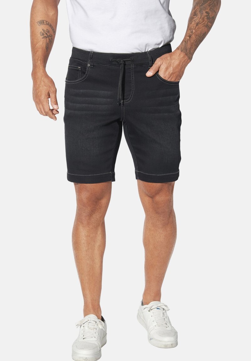 Black denim shorts with a fitted design, visible back pockets, and a drawstring waistband. Finished with contrasting stitching and a smooth texture.