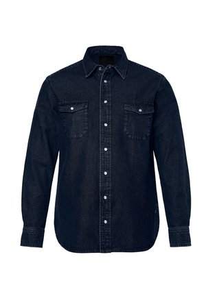 Donkerdenim overhemd met knopen, lange mouwen, twee borstzakken, standaard kraag en witte knopen. Gladde textuur met een iets vervaagde uitstraling.