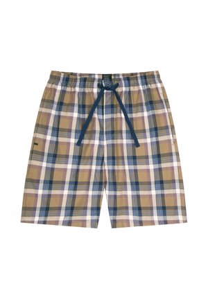 Pantalones cortos de cuadros con rayas en beige, azul, blanco y morado, con una cintura elástica y un cordón azul marino en la parte delantera.