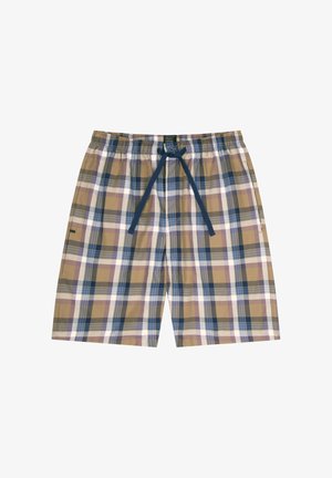 Shorts à carreaux avec des rayures beige, bleues, blanches et violettes, dotés d'une taille élastique et d'un cordon de serrage bleu marine à l'avant.