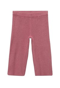 Leggings en tricot rose avec une taille côtelée, présentant une coupe près du corps et un tissu texturé offrant extensibilité et confort.