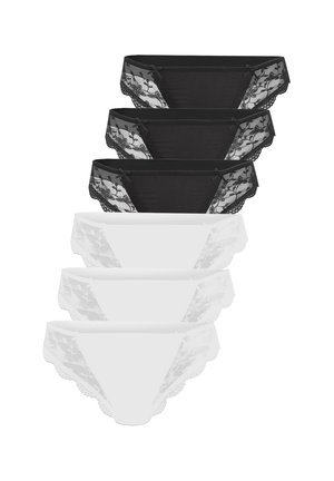 Three black and three white lace-trimmed women's panties arranged vertically on a white background.