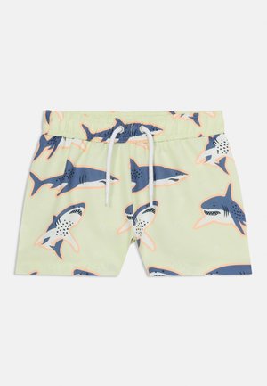 Jasnozielone dziecięce kąpielówki ze ściągaczem w talii i białym sznurkiem, z wzorem niebieskich i białych rekinów.