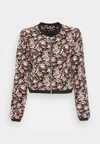 Gekürzte Bomberjacke mit floralem Muster auf schwarzem Grund, mit pinken und weißen Blumen, Reißverschluss und gerippten Bündchen und Saum.