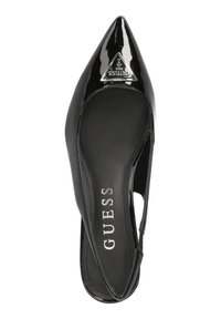 Scarpa slingback nera in pelle lucida con punta a forma di triangolo, design slip-on e texture liscia e brillante.