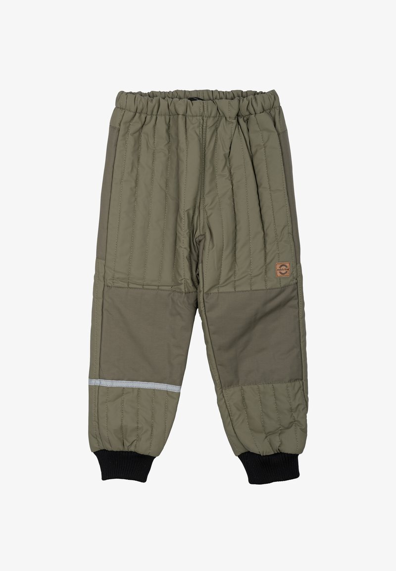 Fodrade byxor i olivgrönt med horisontellt kviltat mönster, elastisk midja och svarta ribbade avslut, med en reflexrand.