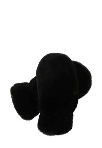 Muffole in finta pelliccia nera con punte arrotondate e texture morbida. Caratterizzate da un materiale spesso e soffice e da ampi polsini per calore e copertura.