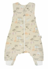 Ärmelloser Jumpsuit aus beigem Baumwollmaterial mit bunten Tiermotiven, darunter Giraffen, Löwen und Elefanten; frontaler Reißverschluss und weiße Bündchen.