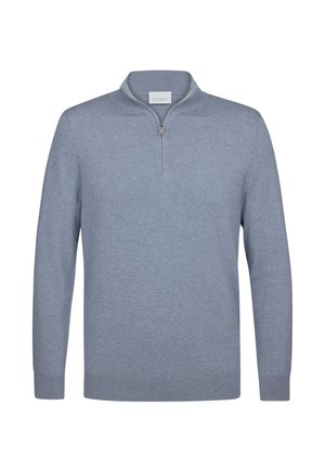 Suéter de punto en gris claro, hecho de una tela suave. Presenta un cuello con media cremallera, mangas largas y dobladillos y puños acanalados. Sin patrones ni detalles.