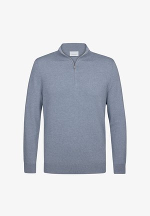 Suéter de punto en gris claro, hecho de una tela suave. Presenta un cuello con media cremallera, mangas largas y dobladillos y puños acanalados. Sin patrones ni detalles.