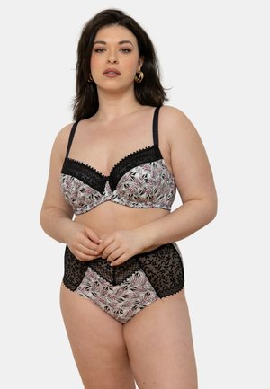 Ensemble soutien-gorge et culotte taille haute avec un motif floral en rose et noir, des accents en dentelle et des bretelles réglables. Tissu doux.