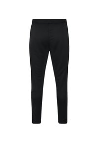Zwarte taps toelopende broek van rekbare stof. Beschikt over een elastische tailleband en een gladde textuur met minimale naadtoespraken.