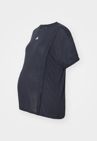 Camiseta de maternidad negra, de manga corta, con cuello redondo, hecha de tejido ligero. Presenta un logo blanco y un corte holgado para mayor comodidad.