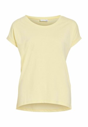 Camiseta amarilla de algodón con mangas cortas, cuello redondo y dobladillo ligeramente curvado. Tejido suave con textura lisa y sin patrones visibles.