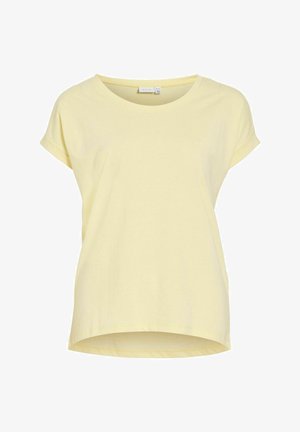 Camiseta amarilla de algodón con mangas cortas, cuello redondo y dobladillo ligeramente curvado. Tejido suave con textura lisa y sin patrones visibles.