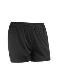 Sorte atletiske shorts med elastisk talje, fremstillet af glat stof og med en afslappet pasform, velegnede til sport og fritidsbrug.