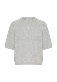 Lichtgrijs, kortaf sweater gemaakt van zacht materiaal. Heeft een ronde halslijn en ribgebreide randen, met een relaxte pasvorm en een minimale textuur.