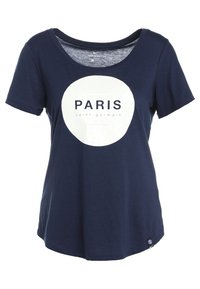 Mörkblå t-shirt med kort ärm och en vit cirkel med texten "PARIS saint-germain" centrerad på framsidan.