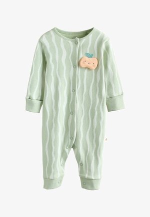 Roheline soonik, millel on lainemuster, rõõmsa aplikaatsiooniga puuvilja kujutis ja nupukinnitused ees ja jalgadel.