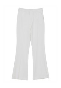 Pantaloni bianchi svasati con una texture liscia, dotati di tasche laterali e una vita aderente. Il design si allarga ampiamente all'orlo.