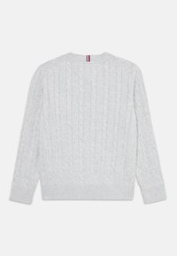 Pull en maille torsadée gris clair avec des poignets et un ourlet côtelés. Il présente un col rond et un petit accent rouge, blanc et bleu à l'arrière du col.