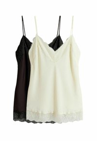 Two camisoles stacked; one black, one cream. Both feature lace trim along the v-neckline and hem, with adjustable straps.