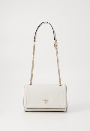 White synthetic handbag with a smooth texture, featuring a gold chain strap, a black accent handle, and a gold logo emblem on the front.