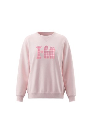 Felpa rosa chiaro con maniche lunghe e un motivo a quadri rosa con la scritta "I", cuore e sagoma di gatto sul davanti.